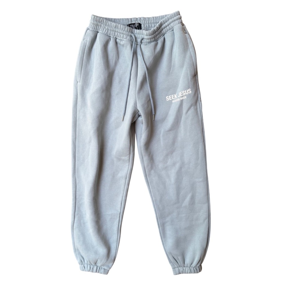 Seek Jesus Heaven Made Sweatpants Light Blue Grey Graphic‎ Joggers Mens Small